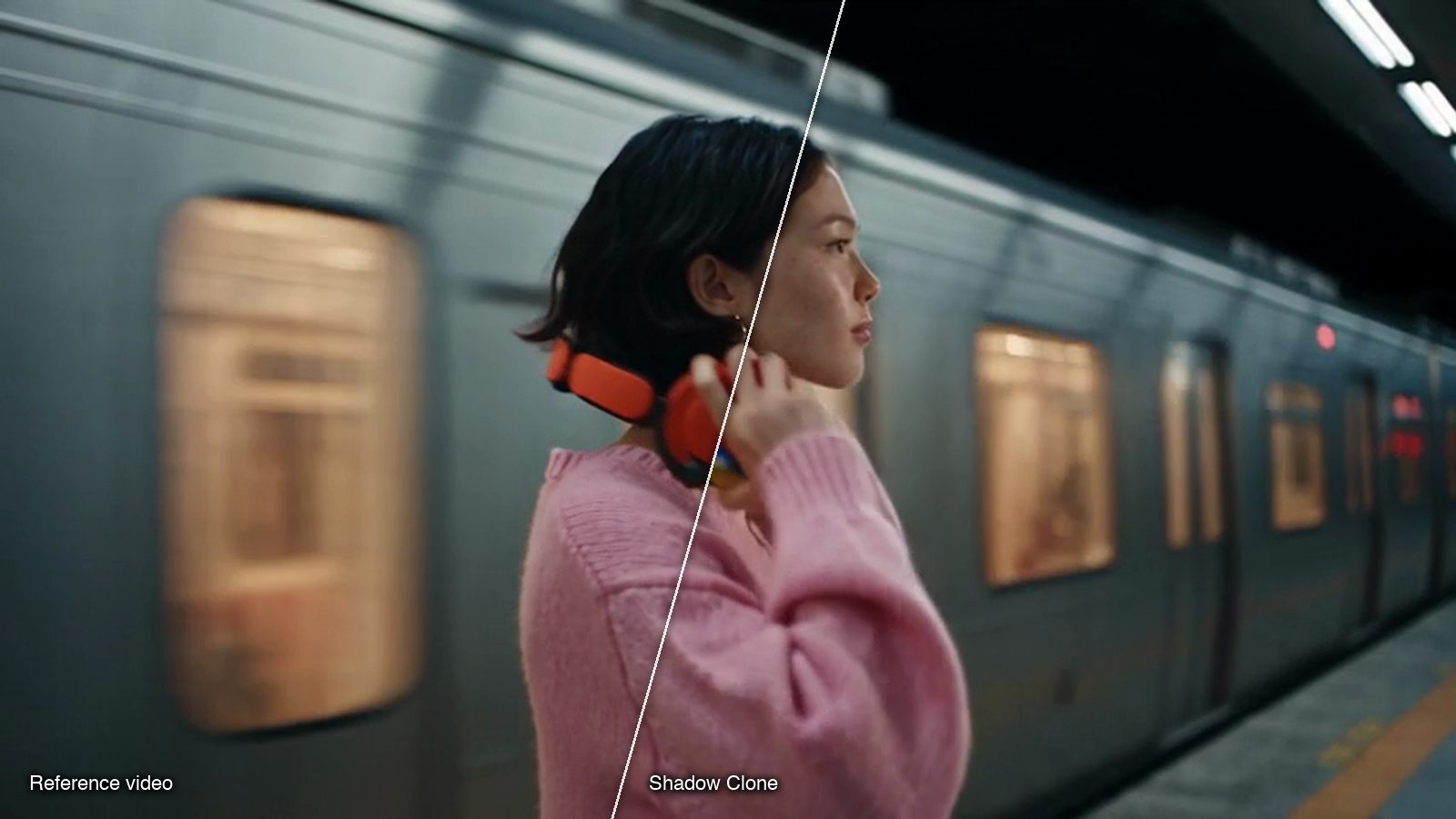 A frame of the reference video beside the same moment recast by Sloosh's Shadow Clone Space: a young woman in a pink sweater holding a product on a subway platform as a train passes.