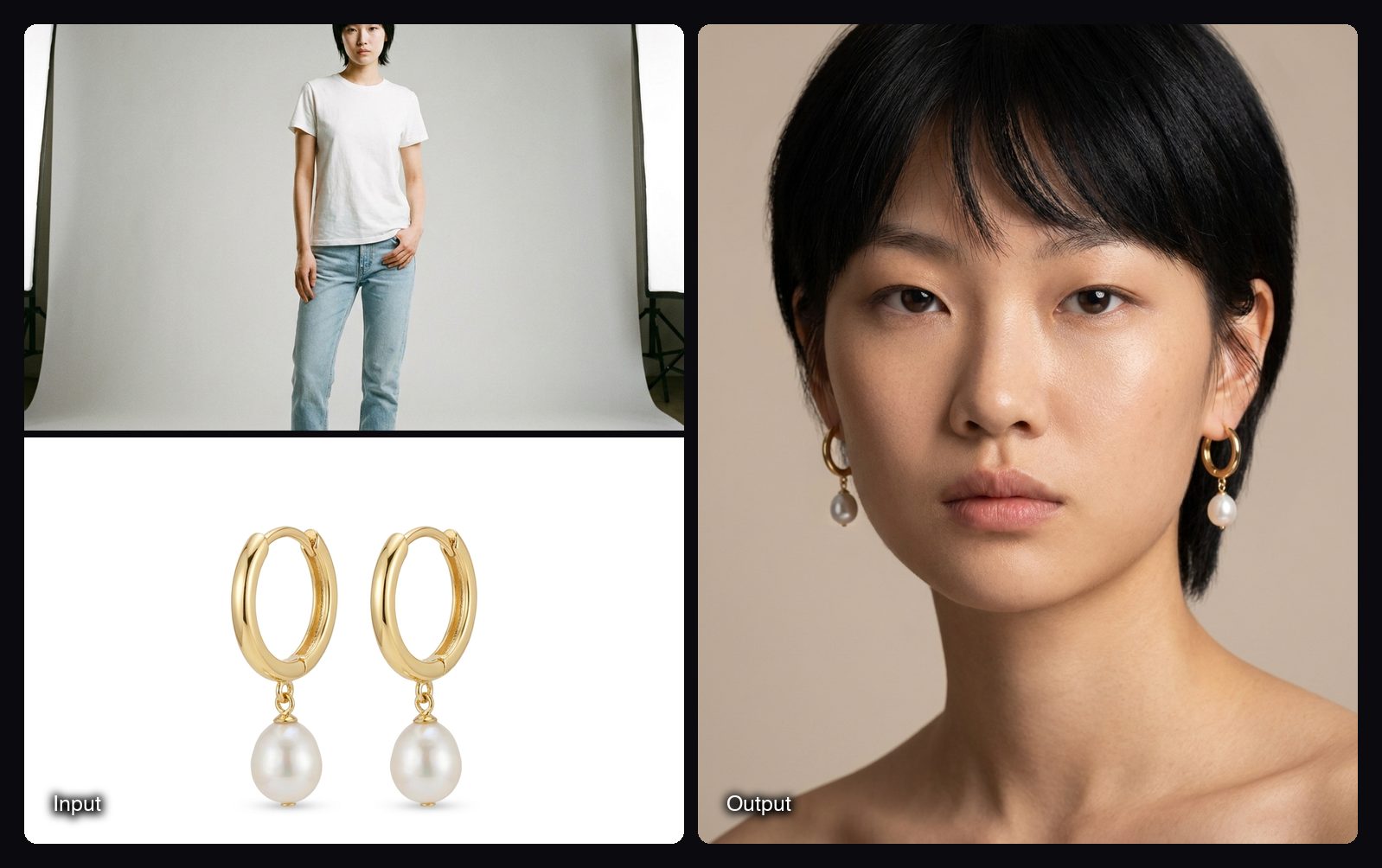 The input images on the left and the result from Sloosh's Jewellery on Model Space on the right: gold pearl earrings on a model in a studio portrait.