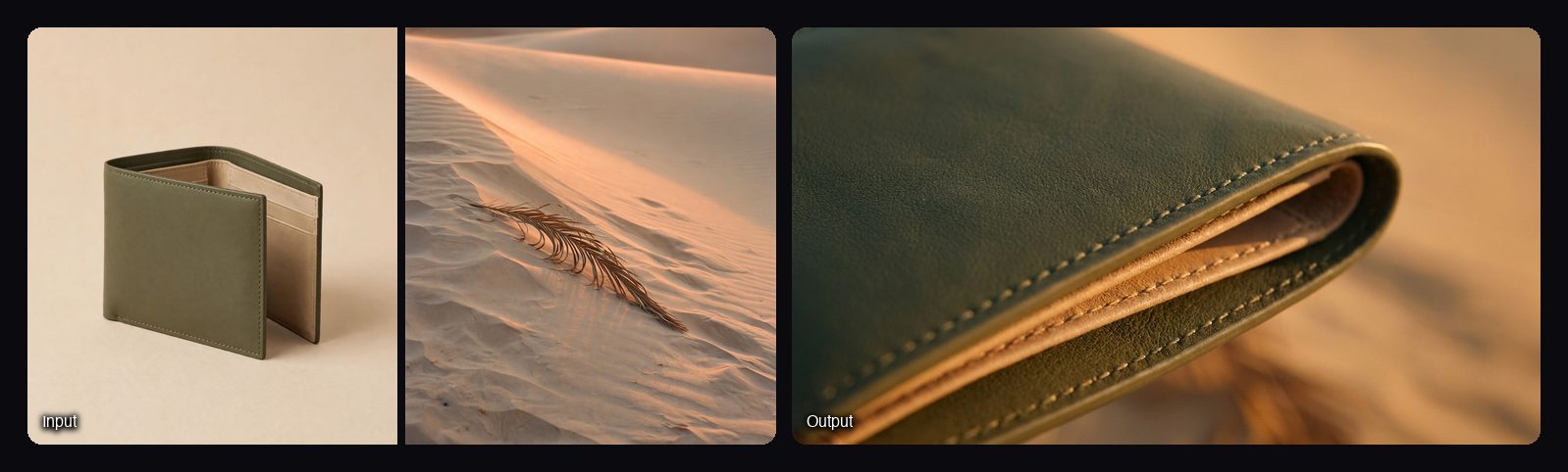 The input images on the left and the result from Sloosh's Cinematic Ad Sequence Space on the right: close-up of a green leather wallet.