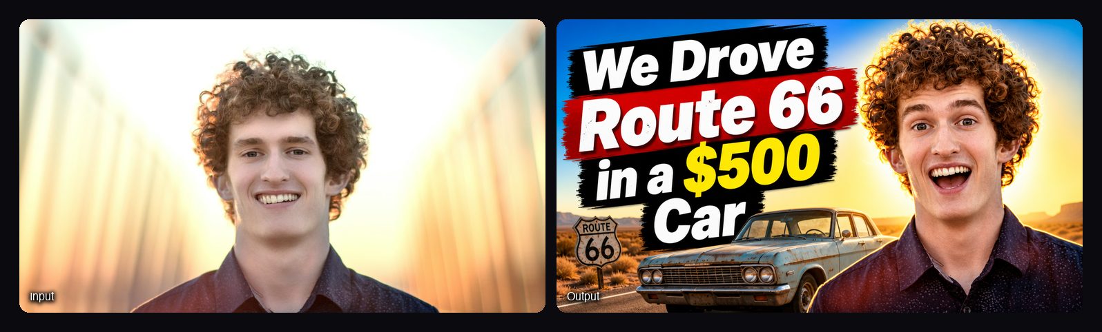 The input image on the left and the result from Sloosh's YouTube Thumbnail Maker Space on the right: route 66 road trip YouTube thumbnail with a bold headline.