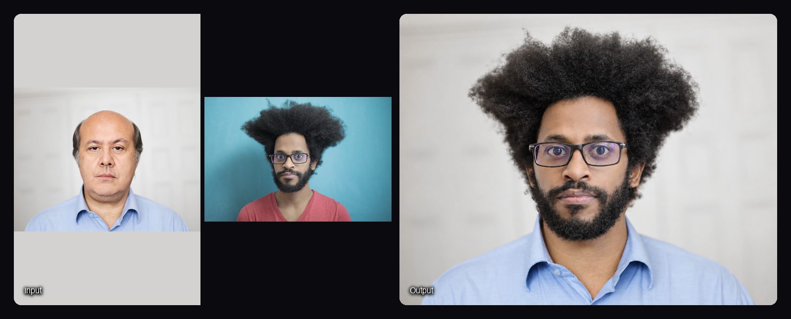 The input images on the left and the result from Sloosh's Face Swap Space on the right: head-and-shoulders portrait of a man with an afro and glasses.