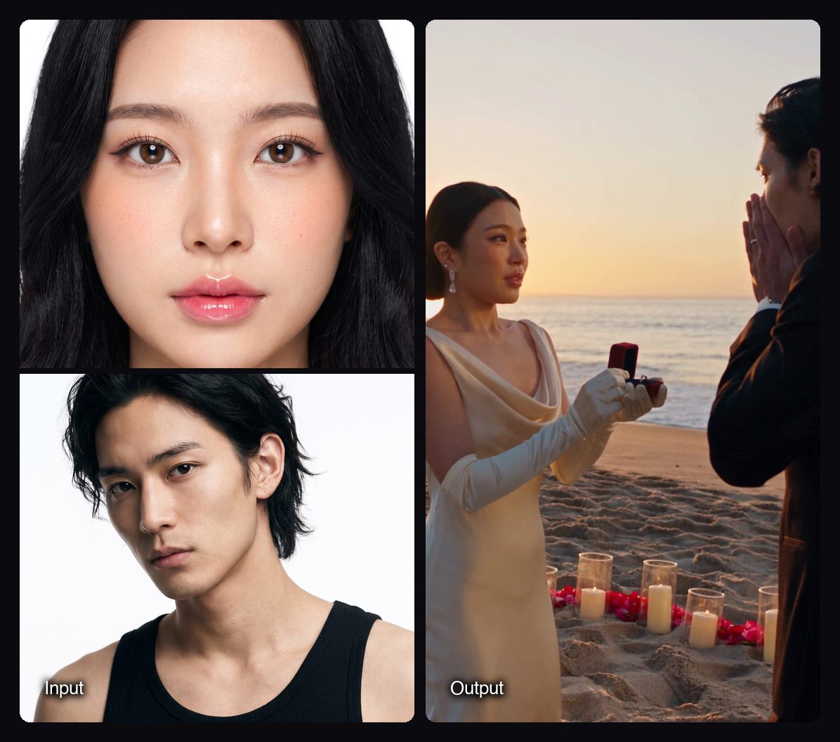 The input images on the left and a frame of the video Sloosh's Love Story Trailer Space made from them on the right: a couple at a sunset beach proposal.