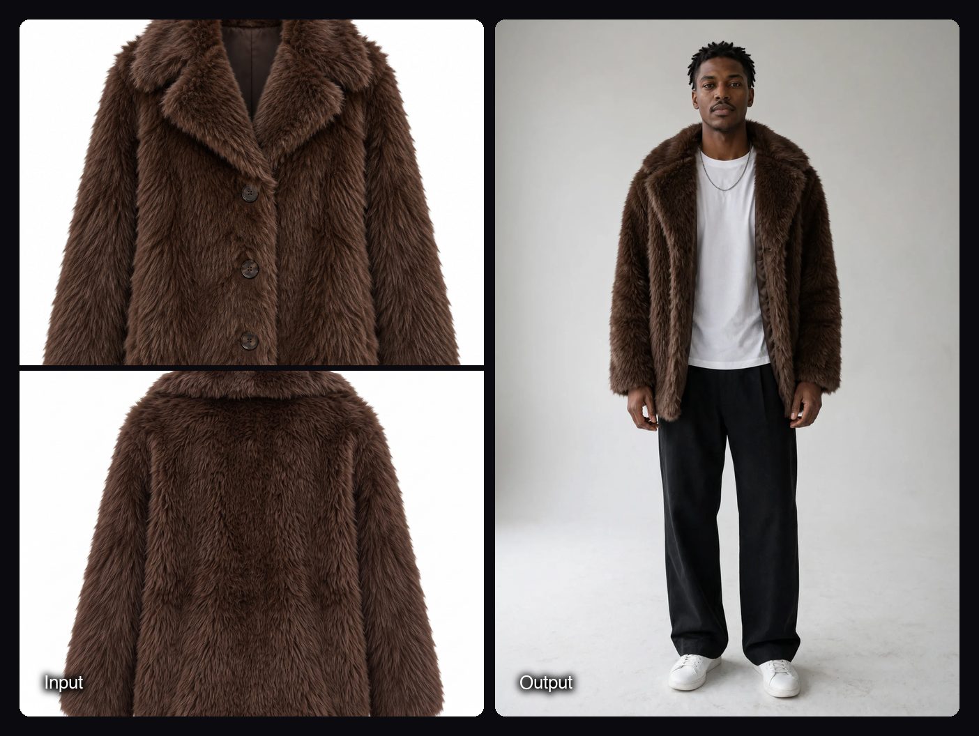 The input images on the left and the result from Sloosh's On-Model Studio Shoot Space on the right: model in a brown faux fur coat.