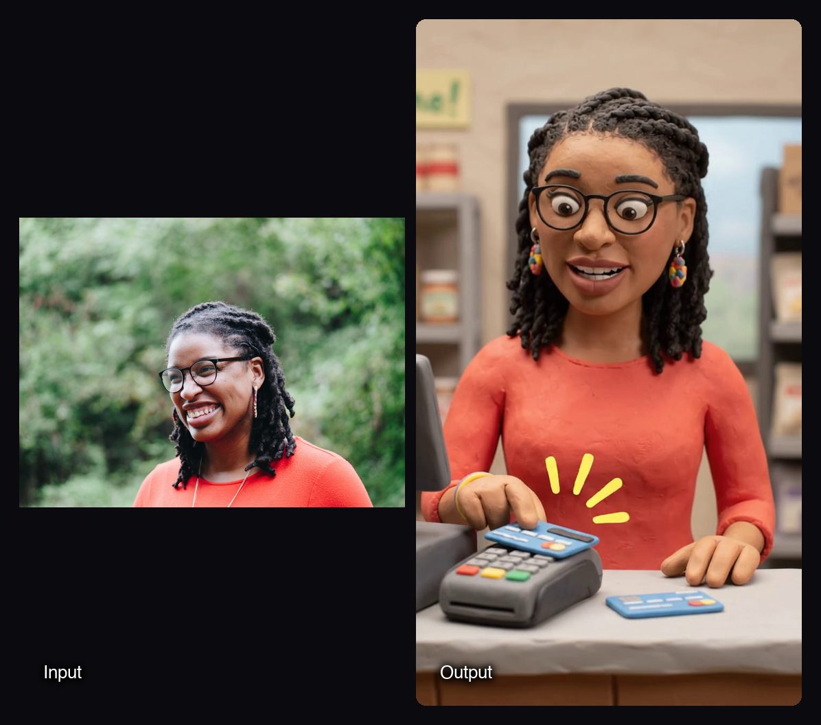The input image on the left and a frame of the video Sloosh's AI Claymation and Wool Explainer Videos Space made from it on the right: clay-style woman with glasses at a shop card terminal.