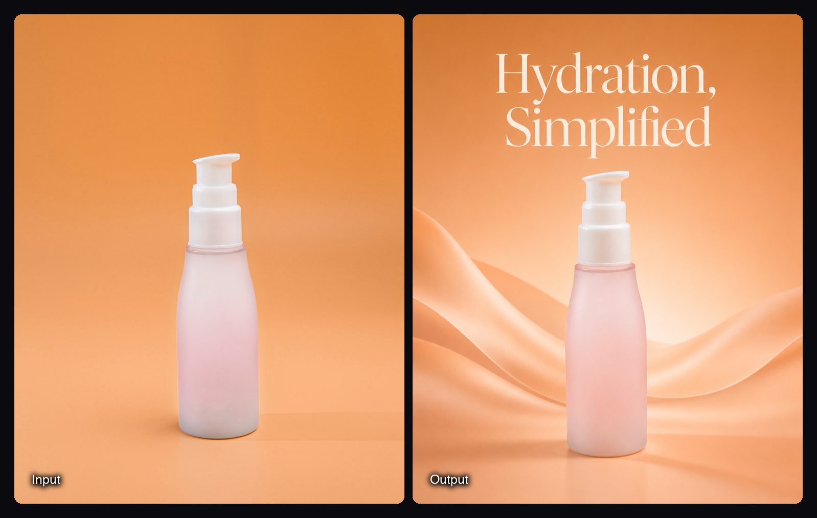 The input image on the left and the result from Sloosh's Product Poster / Ad Creative Space on the right: skincare bottle on peach silk under the headline Hydration.