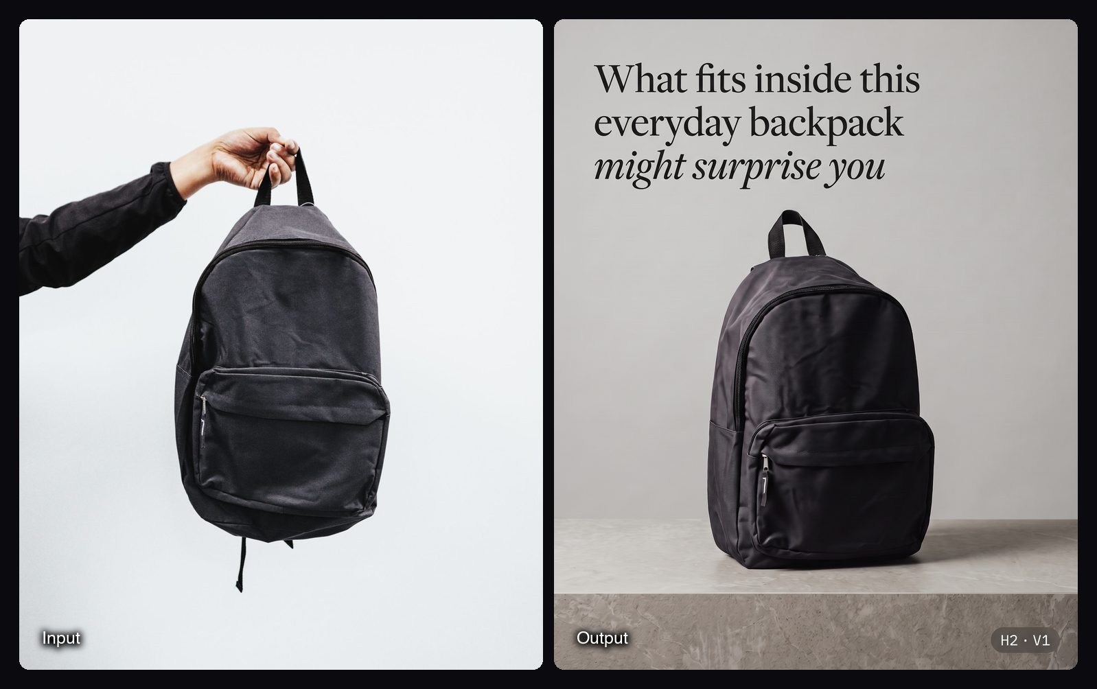 The input image on the left and the result from Sloosh's Ad Hook Test Matrix Space on the right: black backpack on a marble surface.
