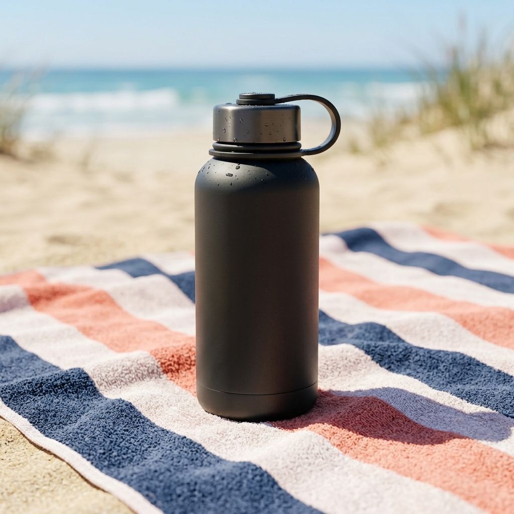 A black insulated water bottle on a striped beach towel in the sand, made by a Sloosh Spacelab image workflow with Nano Banana 2