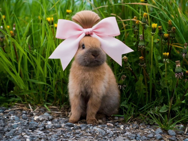Fluffy rabbit wearing a pink bow in tall grass, a Pet Hairstyle Makeover template made with Seedance 2.5 in Sloosh