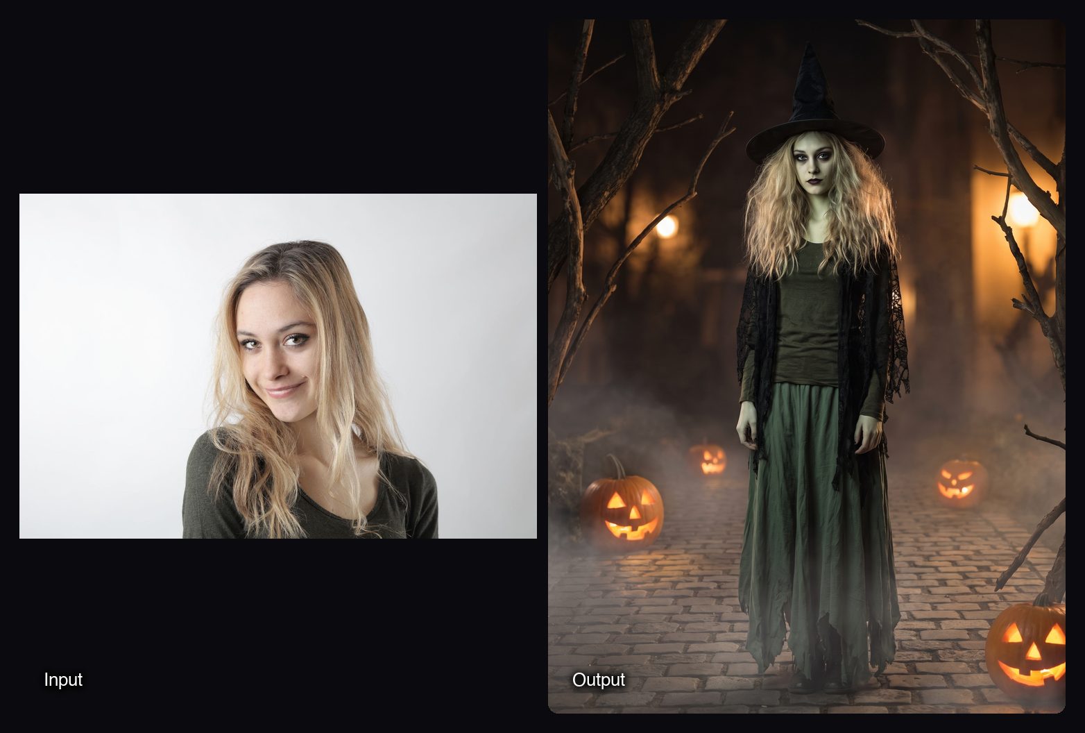 The input image on the left and the result from Sloosh's Fright Fit Space on the right: a woman in a witch costume on a foggy cobblestone path lined with carved pumpkins.