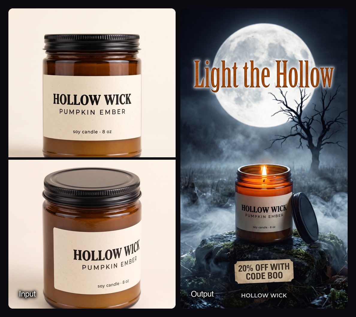 The input images on the left and the result from Sloosh's Halloween Video Ad Space on the right: lit amber candle in foggy moonlight.