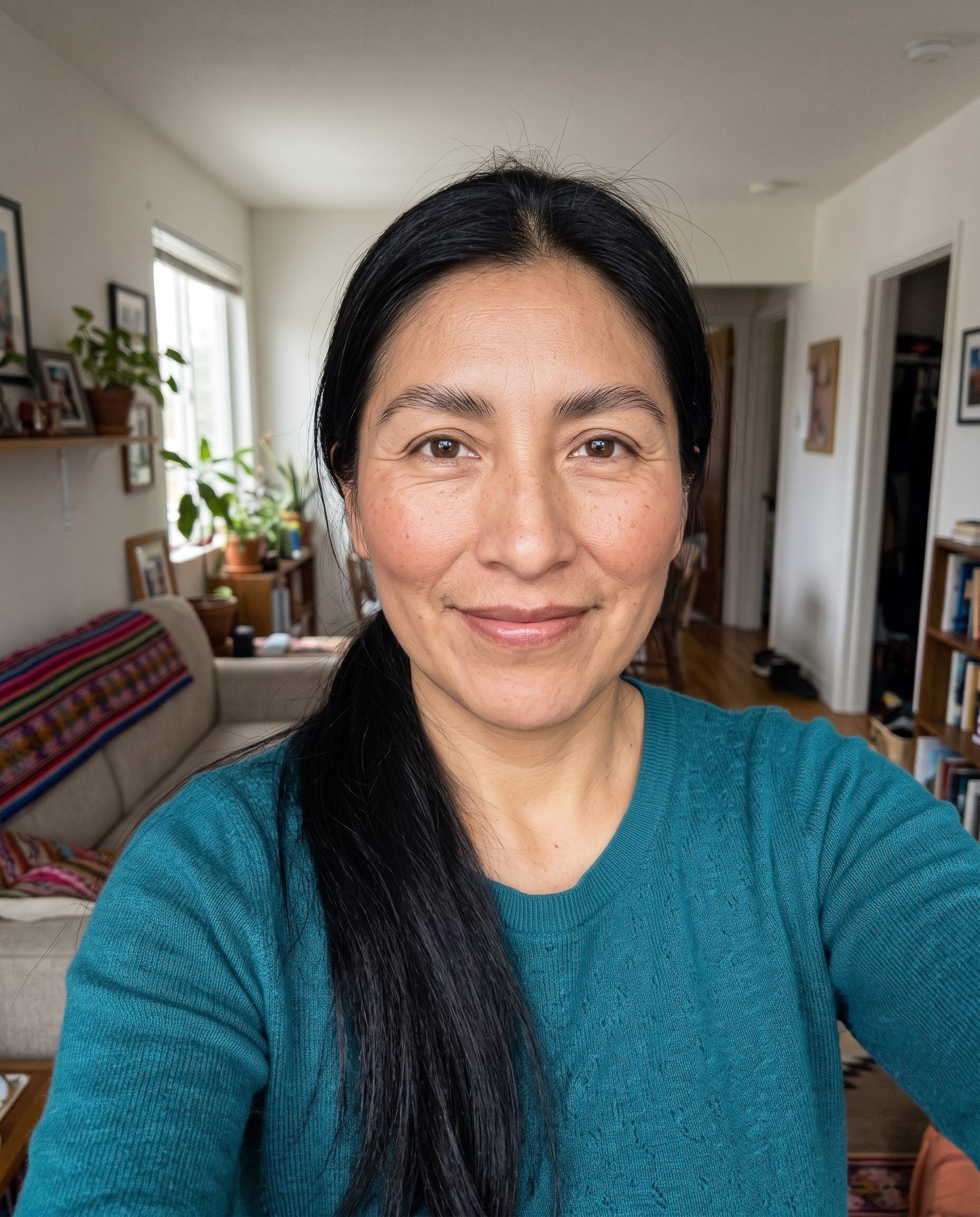 Smiling Woman in Teal Sweater example 3