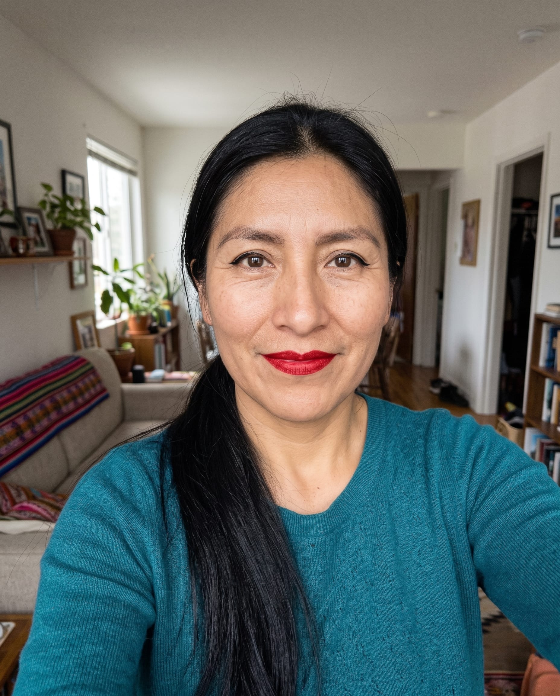 Smiling Woman in Teal Sweater example 3, output 2