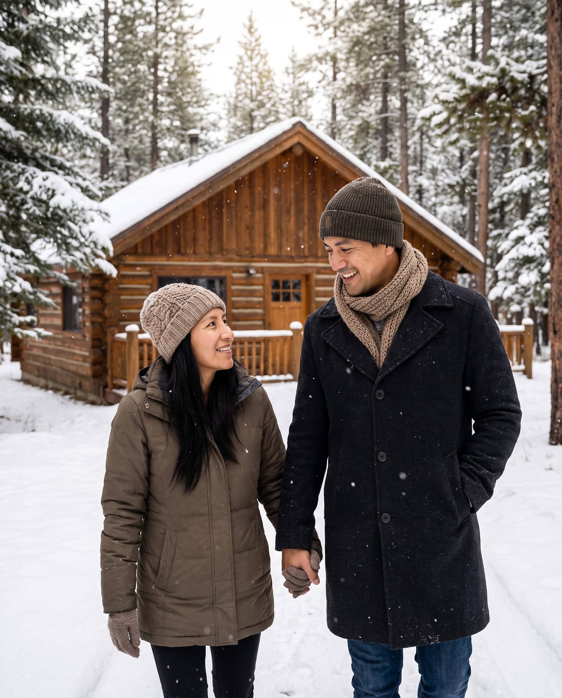 Couple Walking Outside Snowy Log Cabin example 5