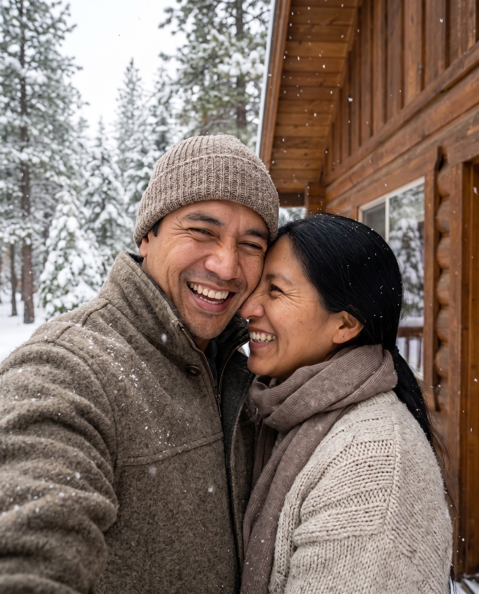Couple Walking Outside Snowy Log Cabin example 5, output 2
