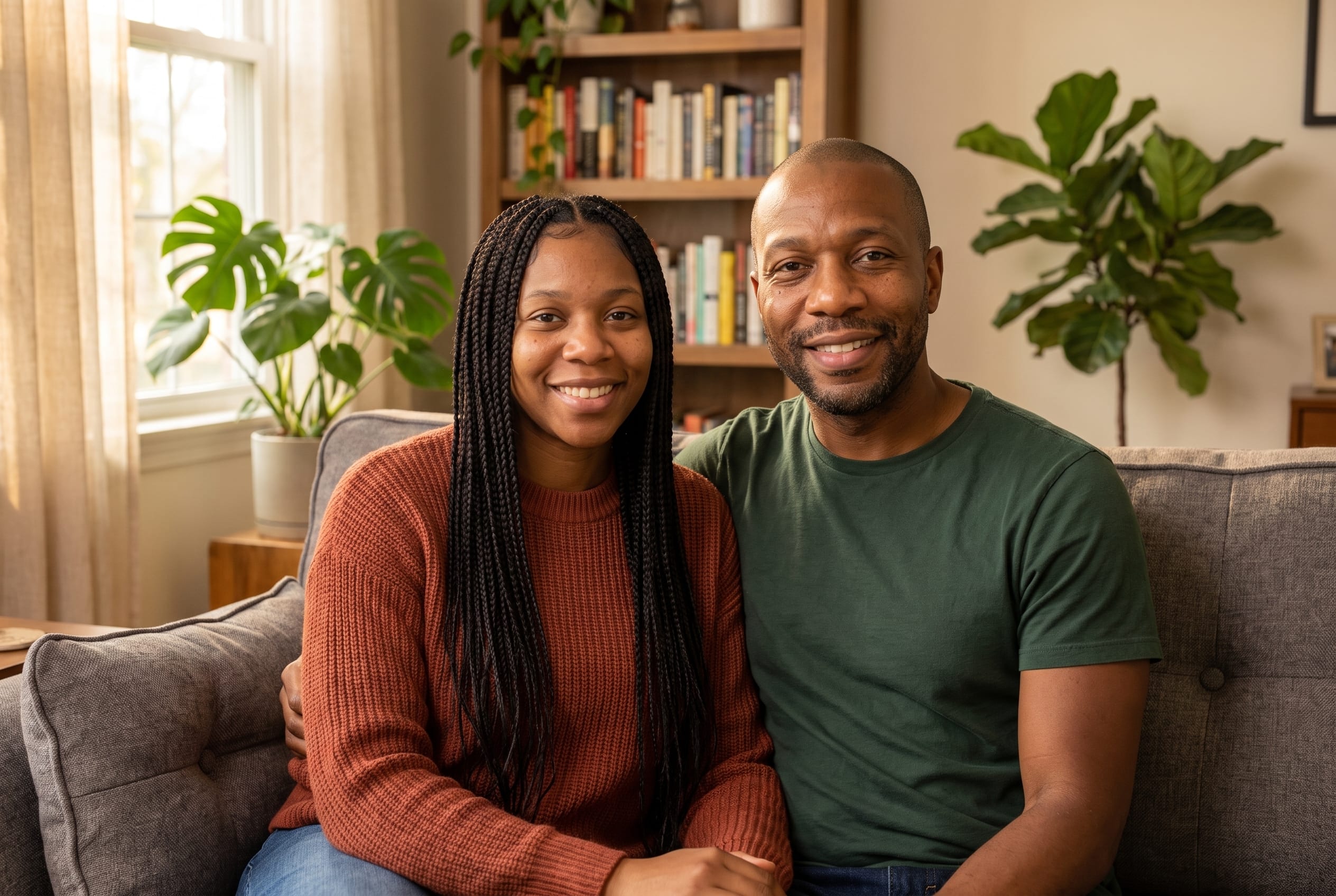 Smiling Couple on Living Room Sofa example 3