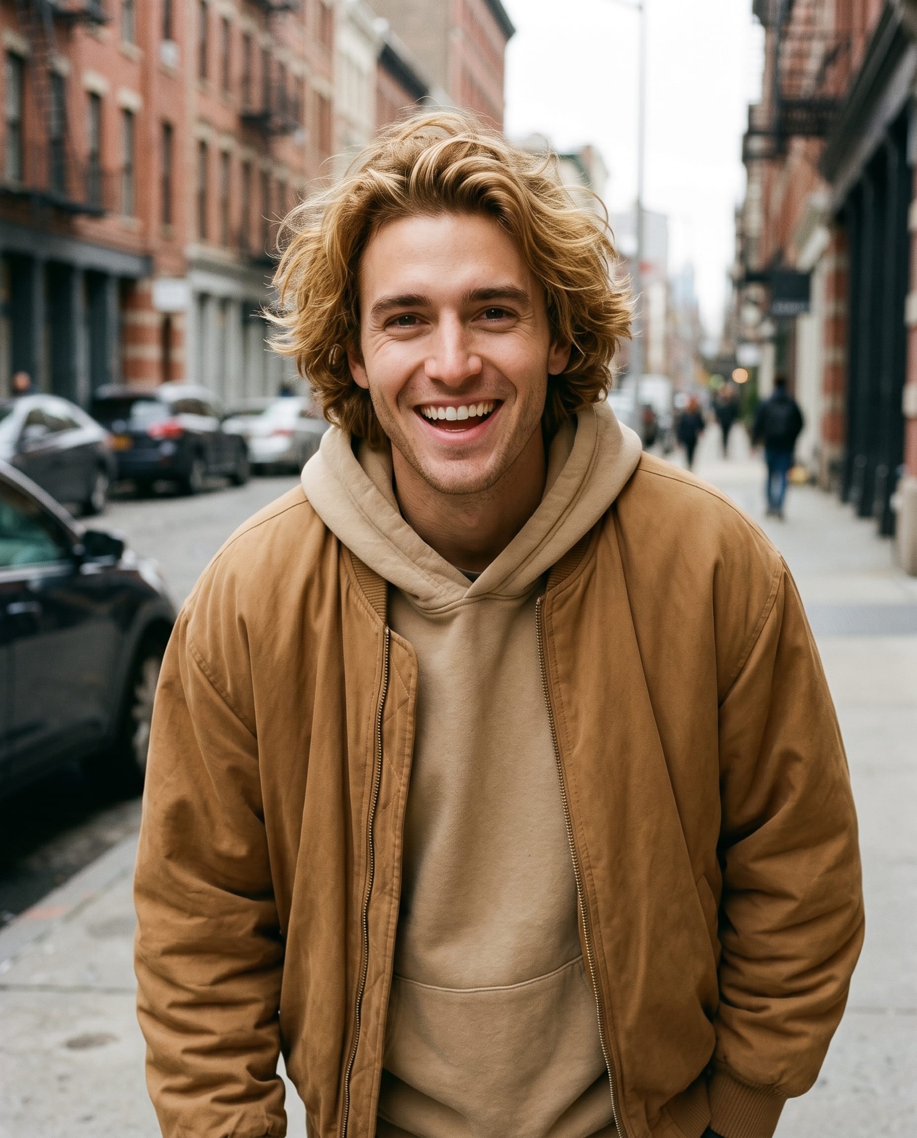 Smiling Man on City Sidewalk example 4