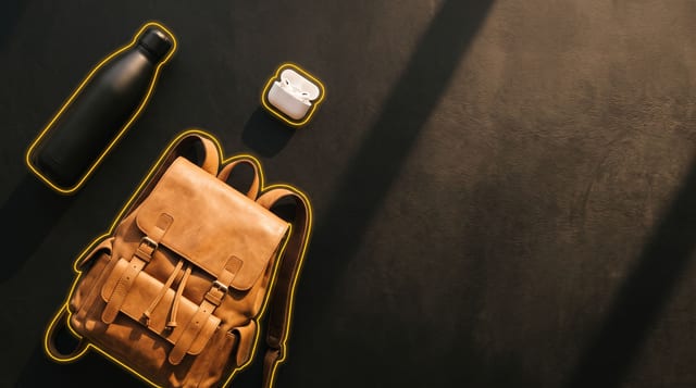 A black water bottle, a tan leather backpack and white earbuds on a dark table, each traced with a glowing yellow outline