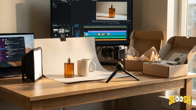 A tabletop product shoot on a sunlit desk: a camera on a tripod faces a perfume bottle and a mug on a paper sweep, beside shipping boxes and a monitor with a video edit timeline.