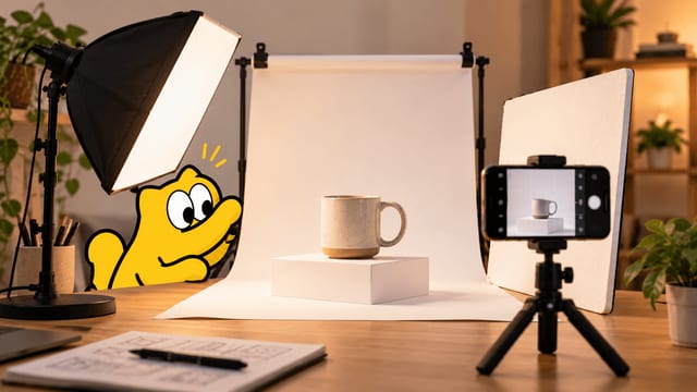 Home product photography setup with a mug on a white backdrop, a reflector board, and a phone on a tripod