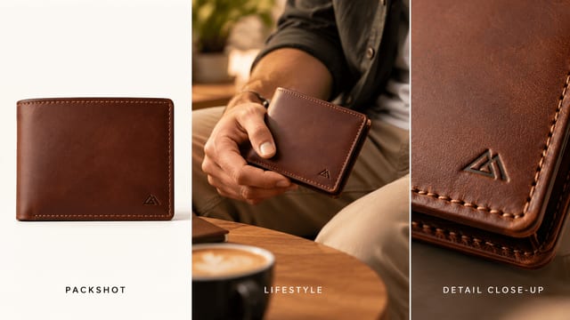 The same wallet shown as a packshot, a lifestyle photo, and a detail close-up