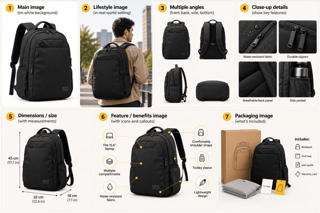 Seven-image Amazon listing set for one backpack, from main image to packaging