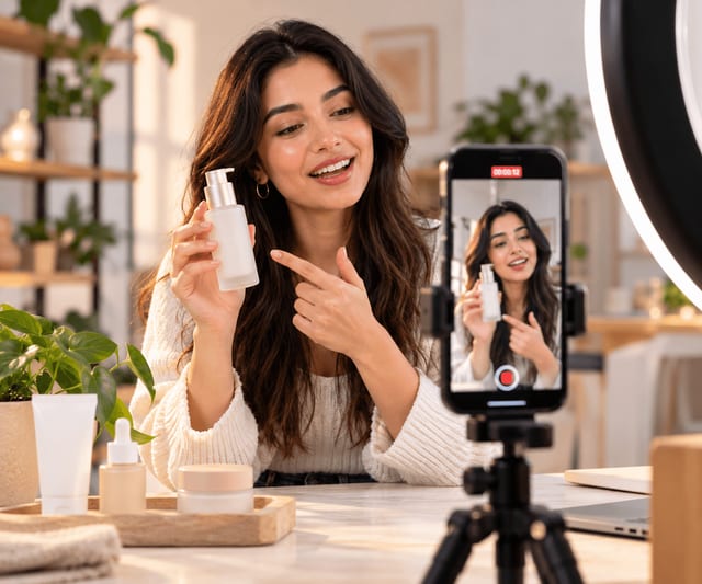A creator filming a vertical product video of a skincare bottle on a phone