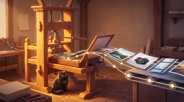 A wooden printing press printing photo and film cards onto a glowing workflow line, watched by a black cat