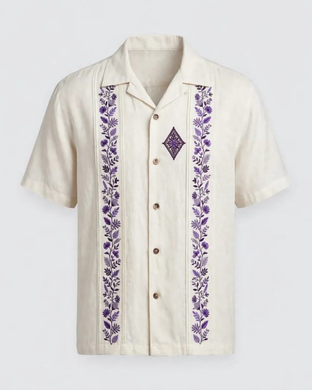 Meta AI illustration: Cream shirt with violet embroidery