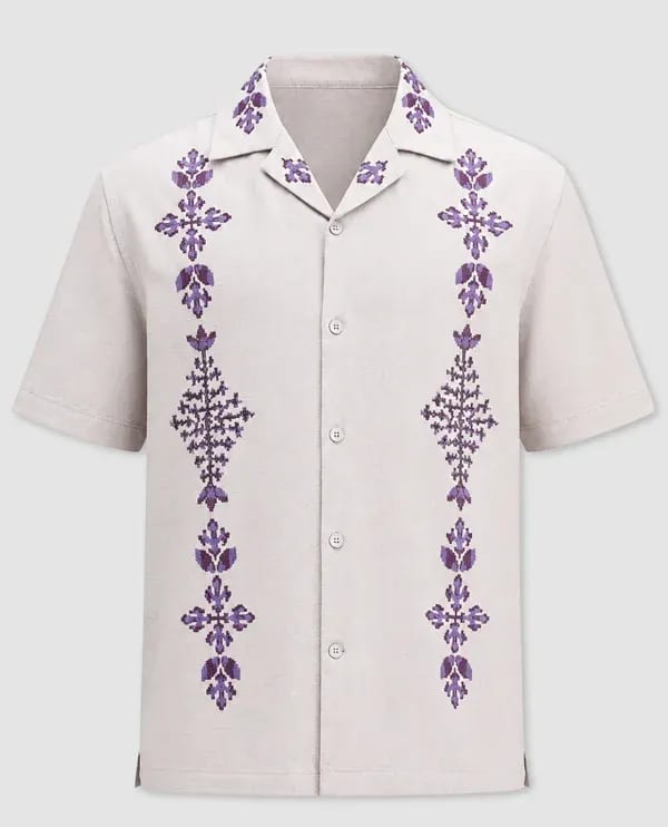 Reference photograph supplied to the workflow: light shirt with purple embroidery
