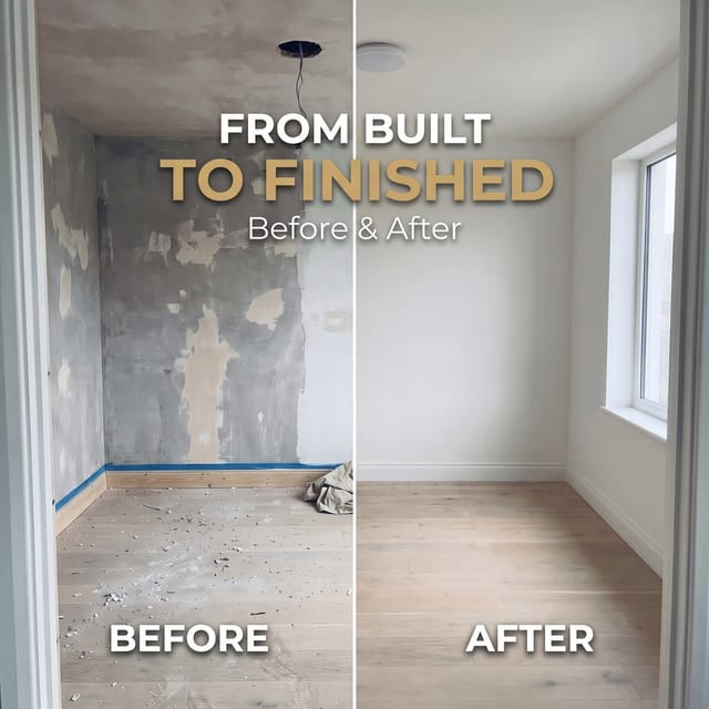Before and after of a newly built room, unfinished on the left and finished on the right