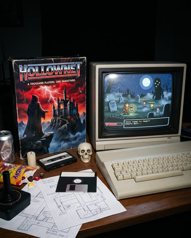 A Commodore-style computer running an 8-bit horror game next to its boxed copy