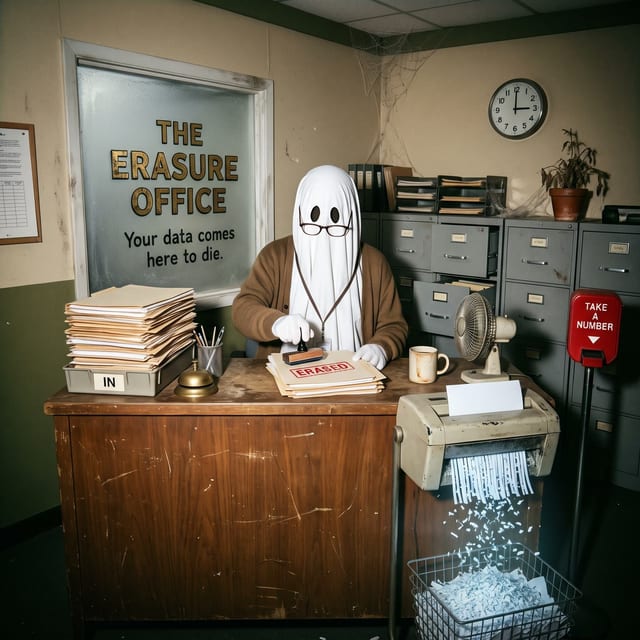 A ghost clerk at The Erasure Office stamping files beside a shredder