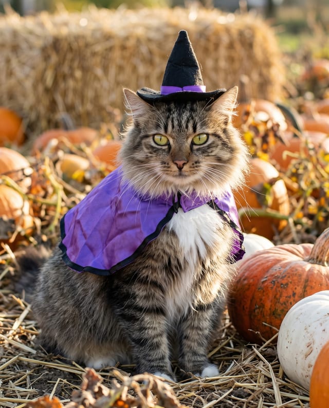 Cat in Witch Costume Among Pumpkins example 1