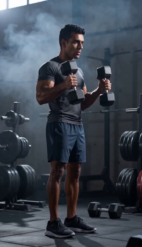 Man Lifting Dumbbells in Moody Gym example 1
