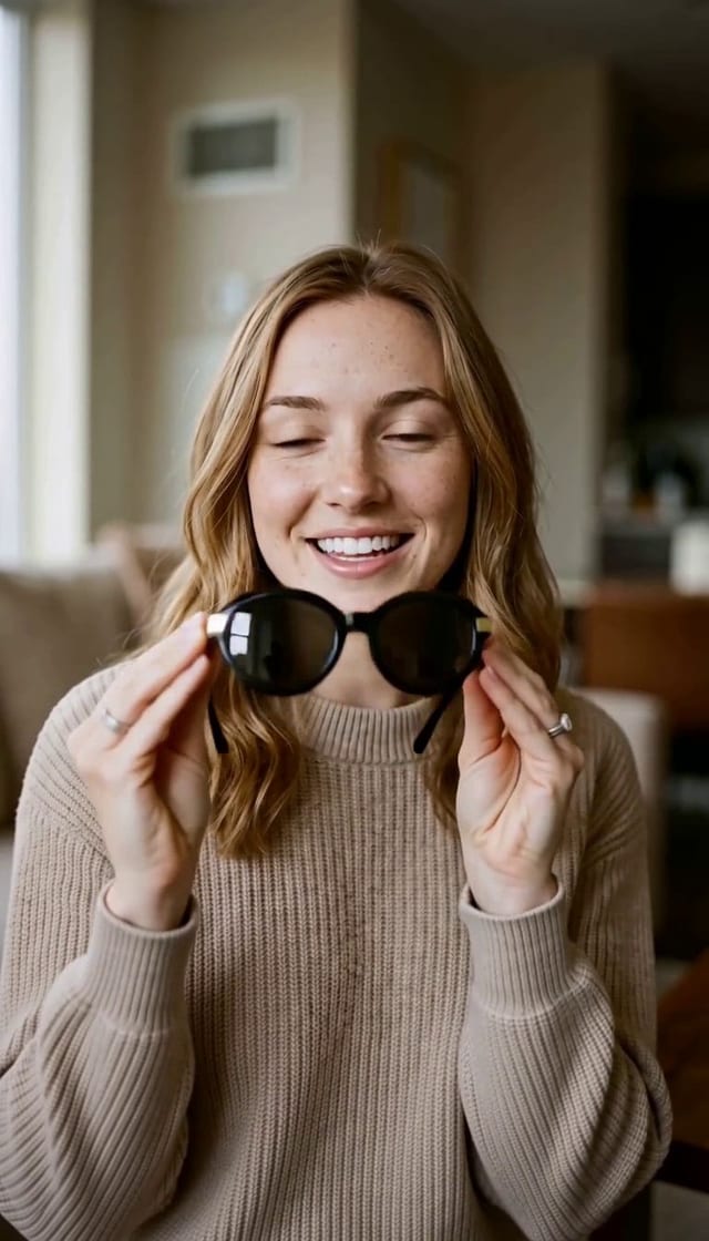 Woman Trying On Black Sunglasses Indoors example 4