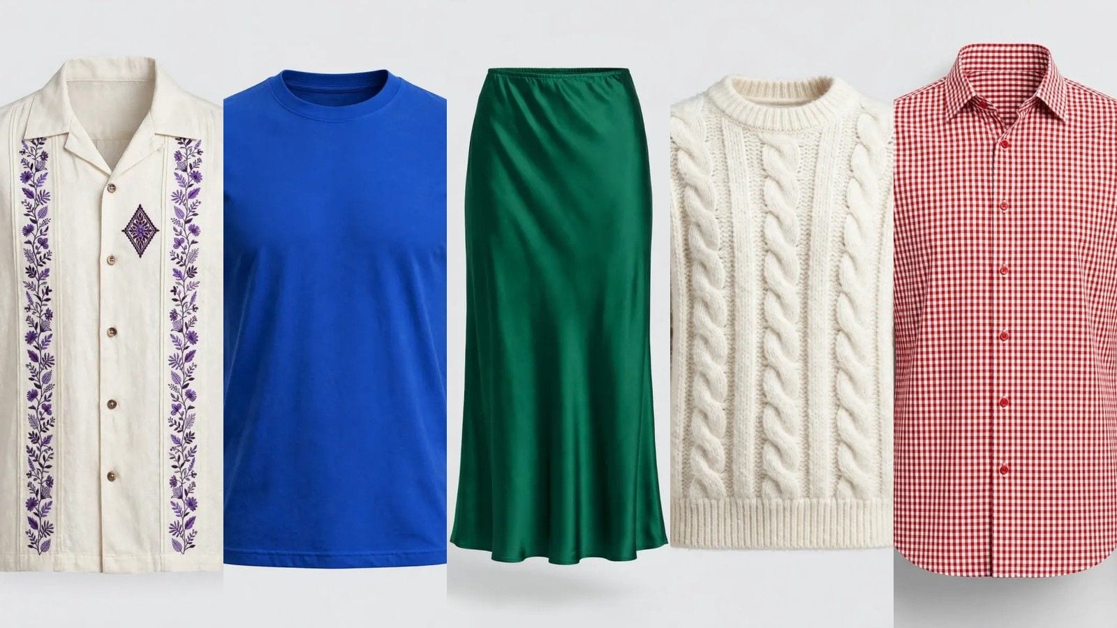 Five Meta AI illustrations side by side: a cream shirt with violet embroidery, a blue crewneck tee, an emerald satin skirt, an ivory cable-knit sweater and a red gingham shirt