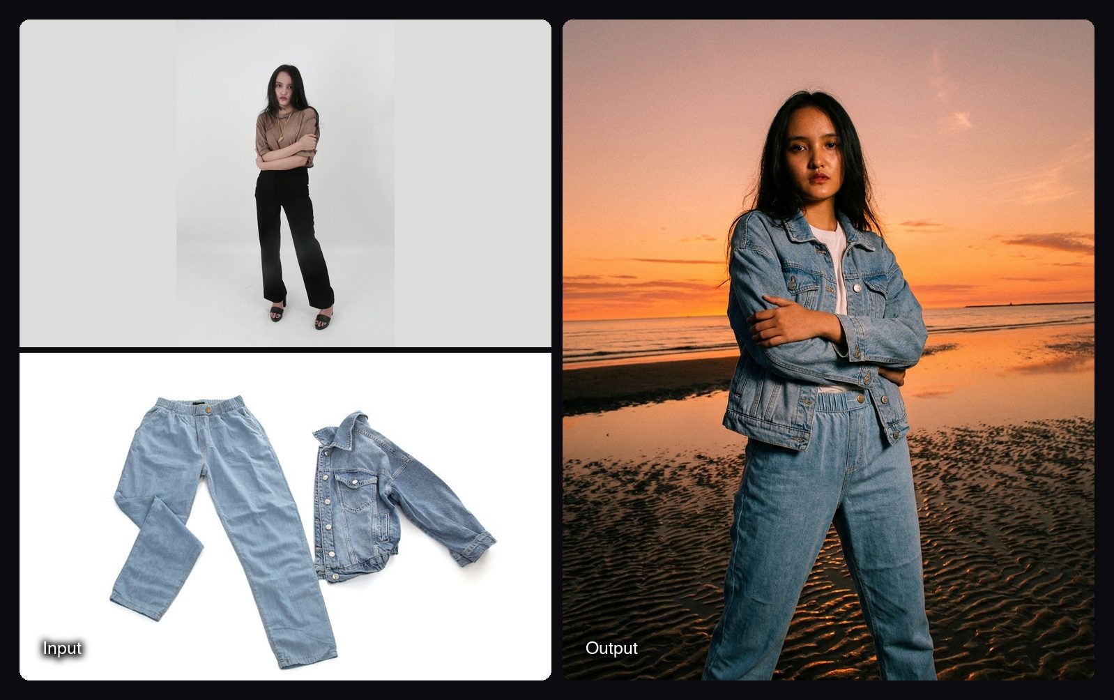 The input images on the left and the result from Sloosh's Fashion Editorial Shots Space on the right: woman in denim at a sunset beach.