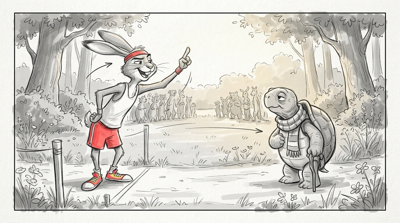 Pencil storyboard panel of a hare and a tortoise at a forest starting line, made with Nano Banana 2 in Sloosh's Storyboard to Animatic Space