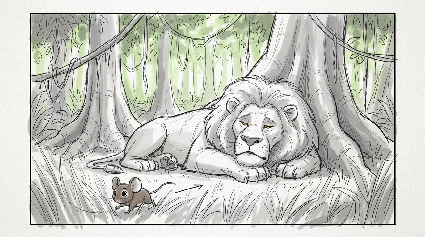 Pencil storyboard panel of a sleeping lion and a mouse, made with Sloosh Storyboard to Animatic