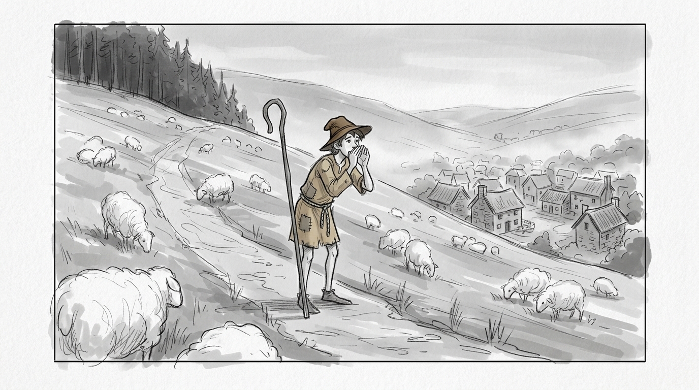 Pencil storyboard panel of a shepherd boy shouting on a hillside, made with Sloosh Storyboard to Animatic