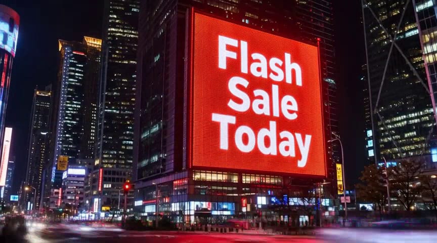 A red LED billboard reading Flash Sale Today in a city square at night, a frame from a MiniMax H3 video made in Sloosh
