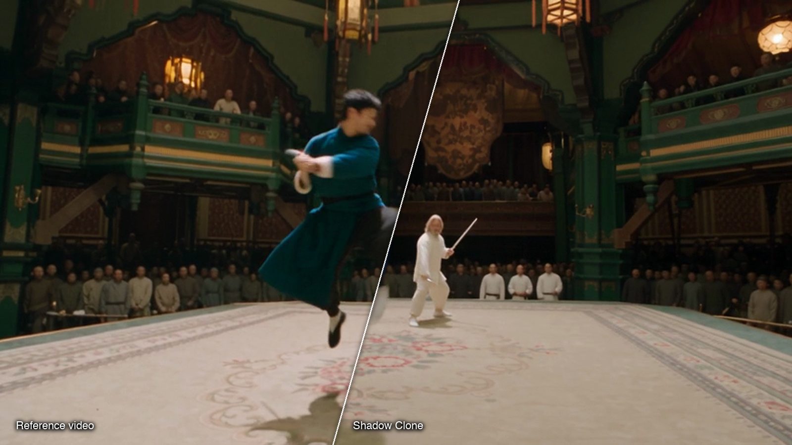 A frame of the reference video beside the same moment recast by Sloosh's Shadow Clone Space: a fencer in a blue suit duelling a figure in white on an ornate theatre stage.