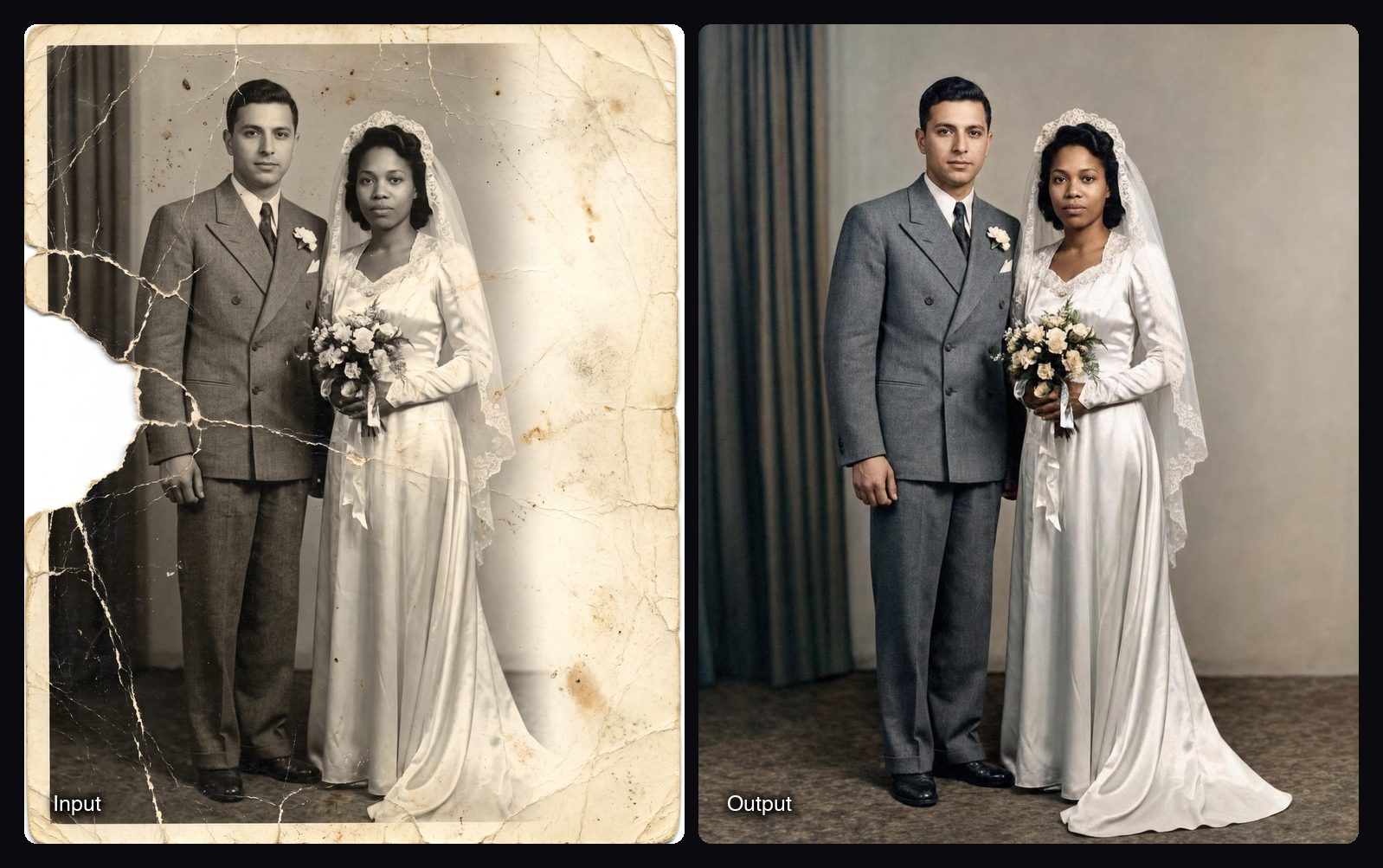 The input image on the left and the result from Sloosh's Restore an Old Photo Space on the right: restored vintage studio wedding portrait of a couple.