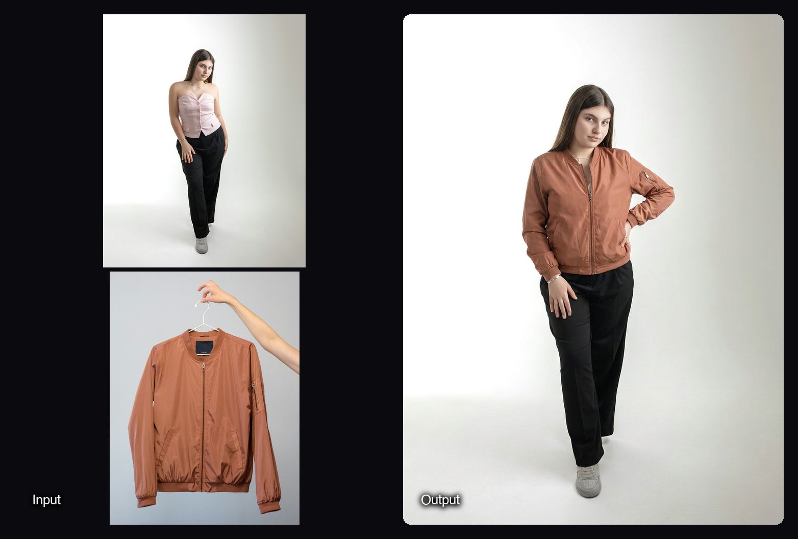 The input images on the left and the result from Sloosh's Virtual Try-On Space on the right: model in a bomber jacket in a studio portrait.