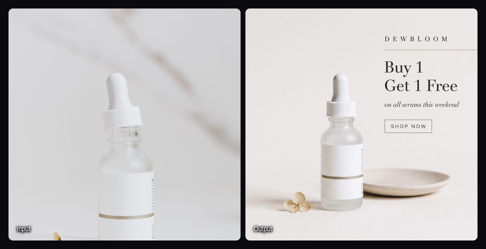 The input image on the left and the result from Sloosh's Sale & Offer Banner Set Space on the right: minimalist serum bottle sale banner.