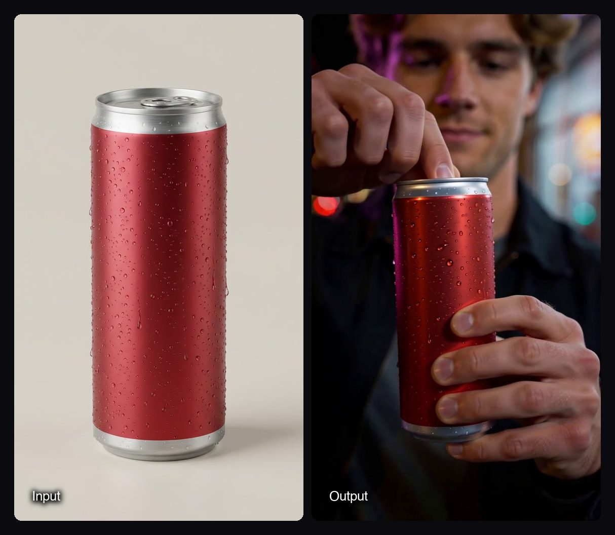 The input image on the left and a frame of the video Sloosh Studio made from it on the right: man opening a red drink can at night under neon light.